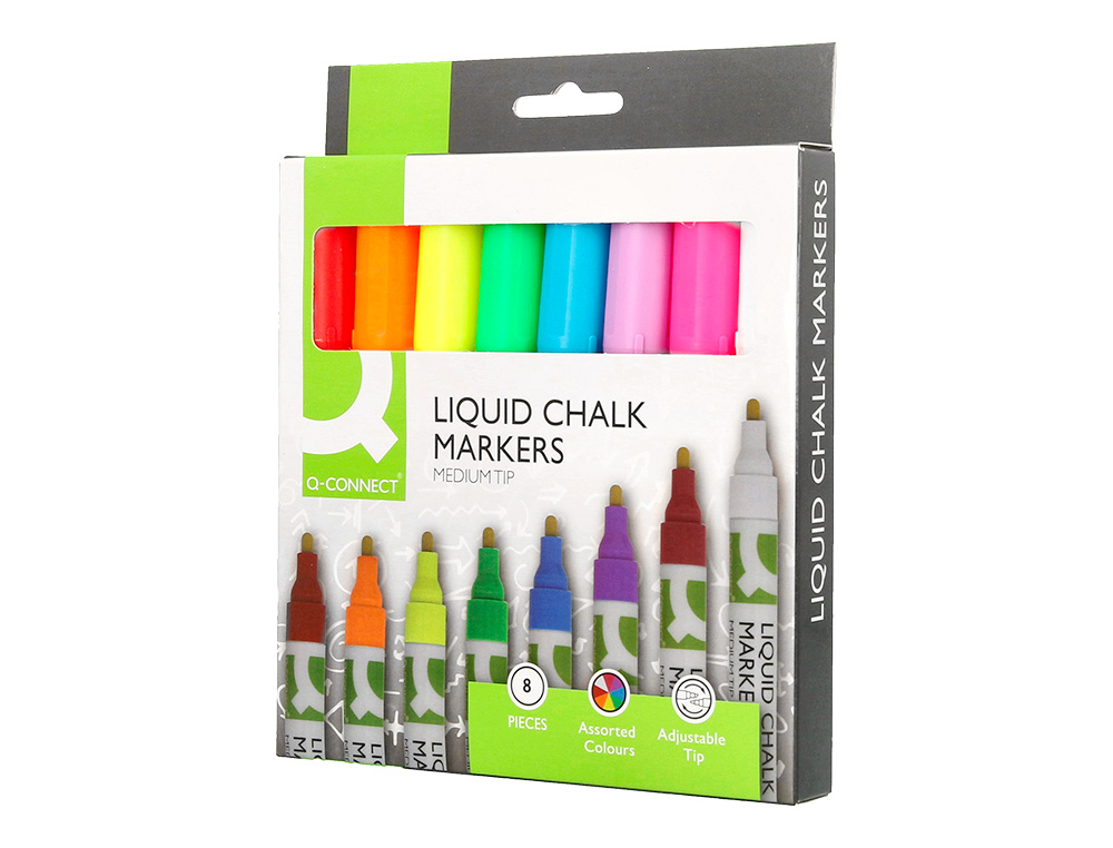 ROTULADOR Q-CONNECT TIZA LIQUIDA PUNTA REDONDA TRAZO 3 MM CAJA DE 8 UNIDADES COLORES SURTIDOS