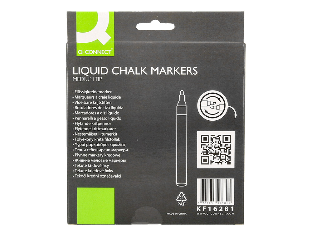 ROTULADOR Q-CONNECT TIZA LIQUIDA PUNTA REDONDA TRAZO 3 MM CAJA DE 8 UNIDADES COLORES SURTIDOS