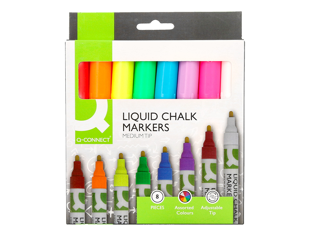 ROTULADOR Q-CONNECT TIZA LIQUIDA PUNTA REDONDA TRAZO 3 MM CAJA DE 8 UNIDADES COLORES SURTIDOS