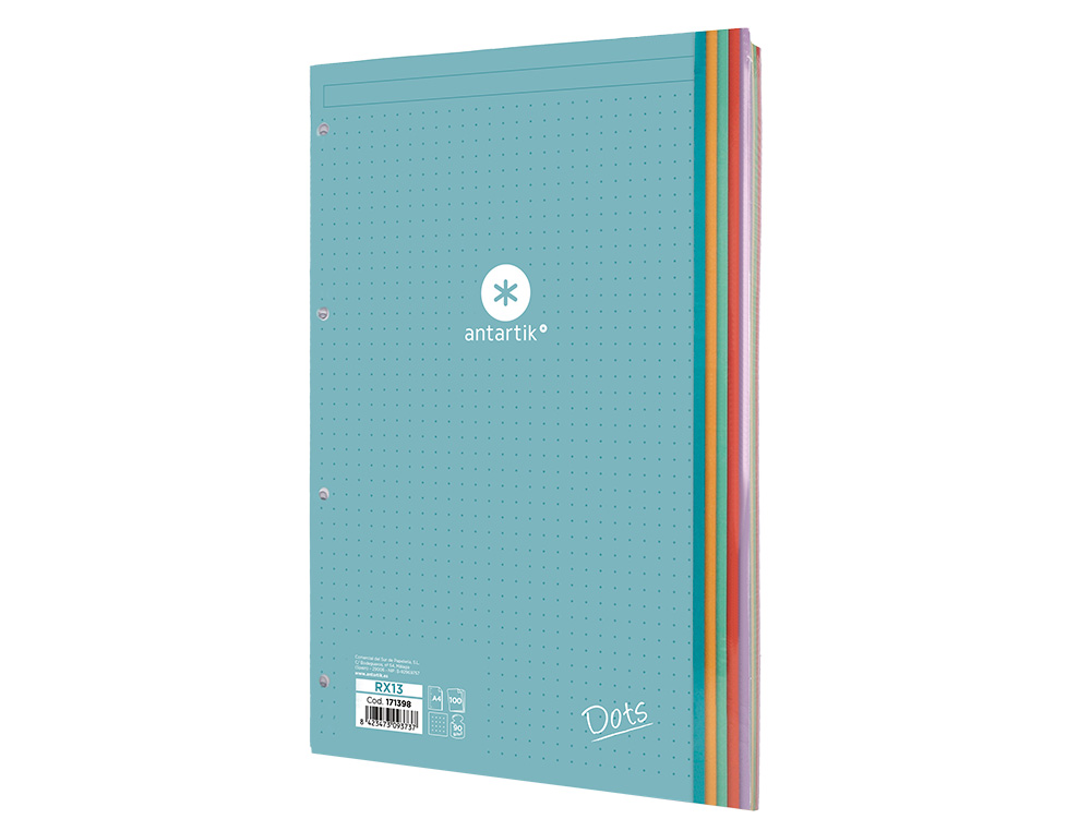 RECAMBIO ANTARTIK A4 100 HOJAS 90GR PUNTOS DOTS 4 TALADROS BANDAS DE 5 COLORES