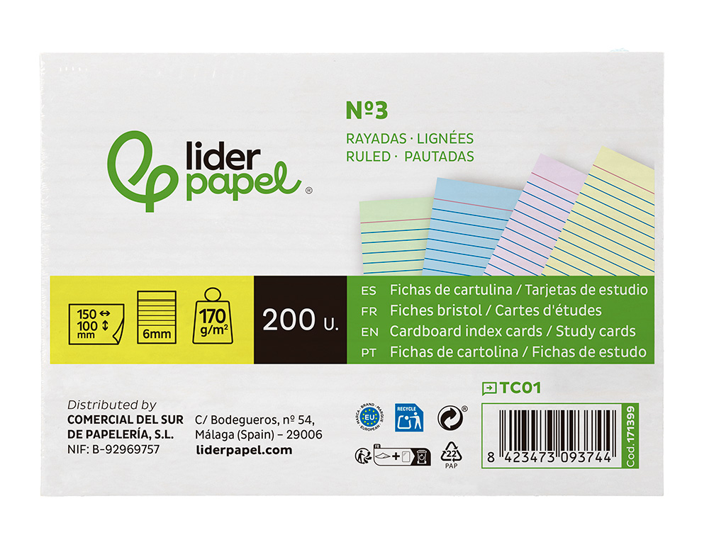 TARJETA LIDERPAPEL PARA ESTUDIAR RAYADA CARTULINA DE COLORES 170 GR/M2 100X150MM PAQUETE DE 200 UNIDADES
