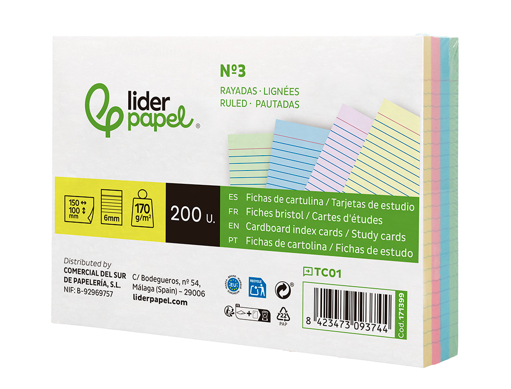 TARJETA LIDERPAPEL PARA ESTUDIAR RAYADA CARTULINA DE COLORES 170 GR/M2 100X150MM PAQUETE DE 200 UNIDADES