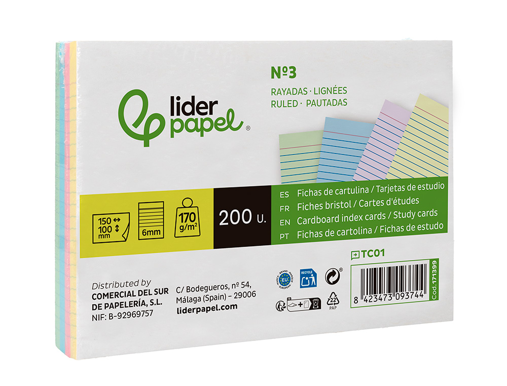 TARJETA LIDERPAPEL PARA ESTUDIAR RAYADA CARTULINA DE COLORES 170 GR/M2 100X150MM PAQUETE DE 200 UNIDADES