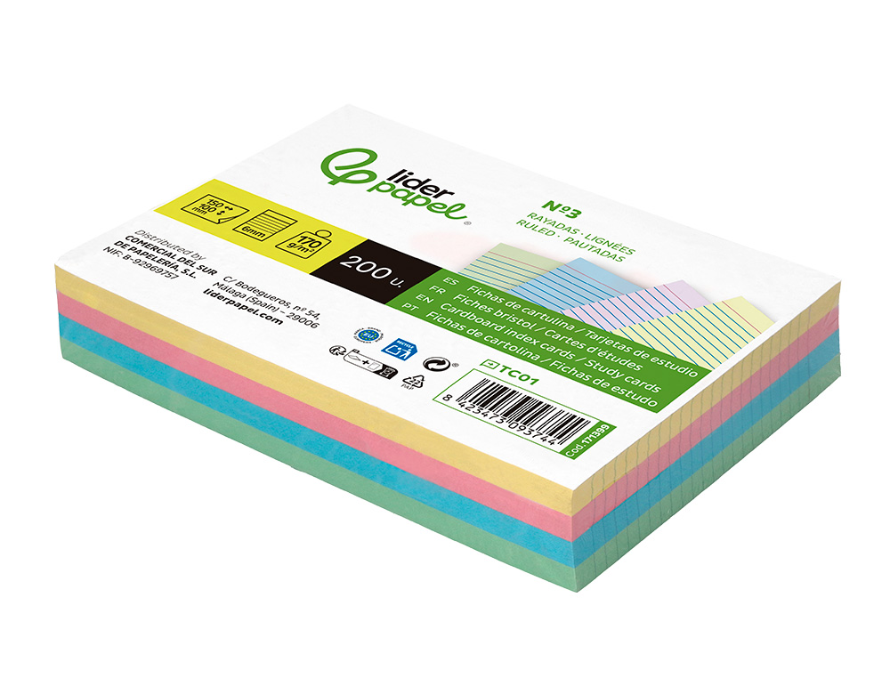 TARJETA LIDERPAPEL PARA ESTUDIAR RAYADA CARTULINA DE COLORES 170 GR/M2 100X150MM PAQUETE DE 200 UNIDADES