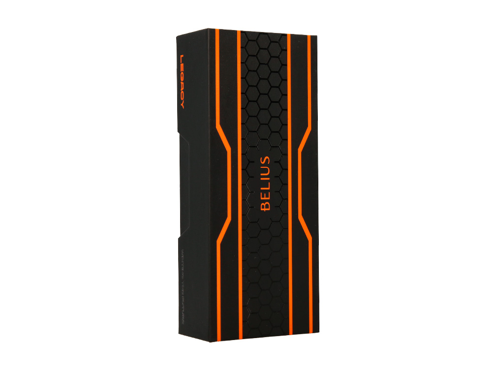 BOLIGRAFO BELIUS LEGACY ALUMINIO DISEÑO HEXAGONO NARANJA CUERPO NEGRO TINTA COLOR AZUL CAJA DE DISEÑO