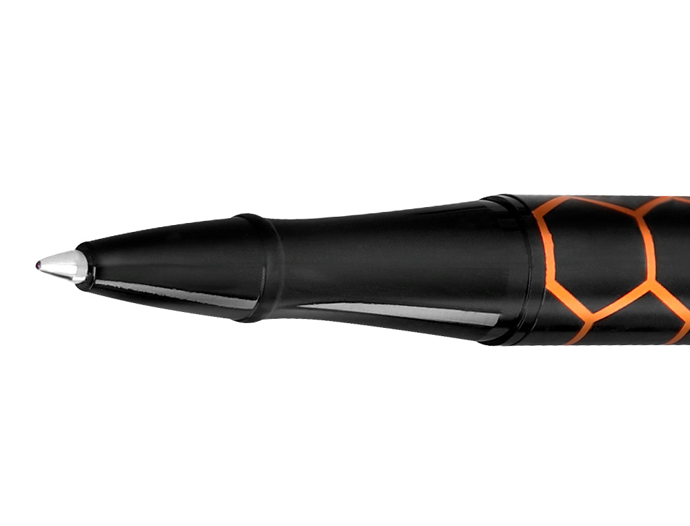 BOLIGRAFO BELIUS LEGACY ALUMINIO DISEÑO HEXAGONO NARANJA CUERPO NEGRO TINTA COLOR AZUL CAJA DE DISEÑO