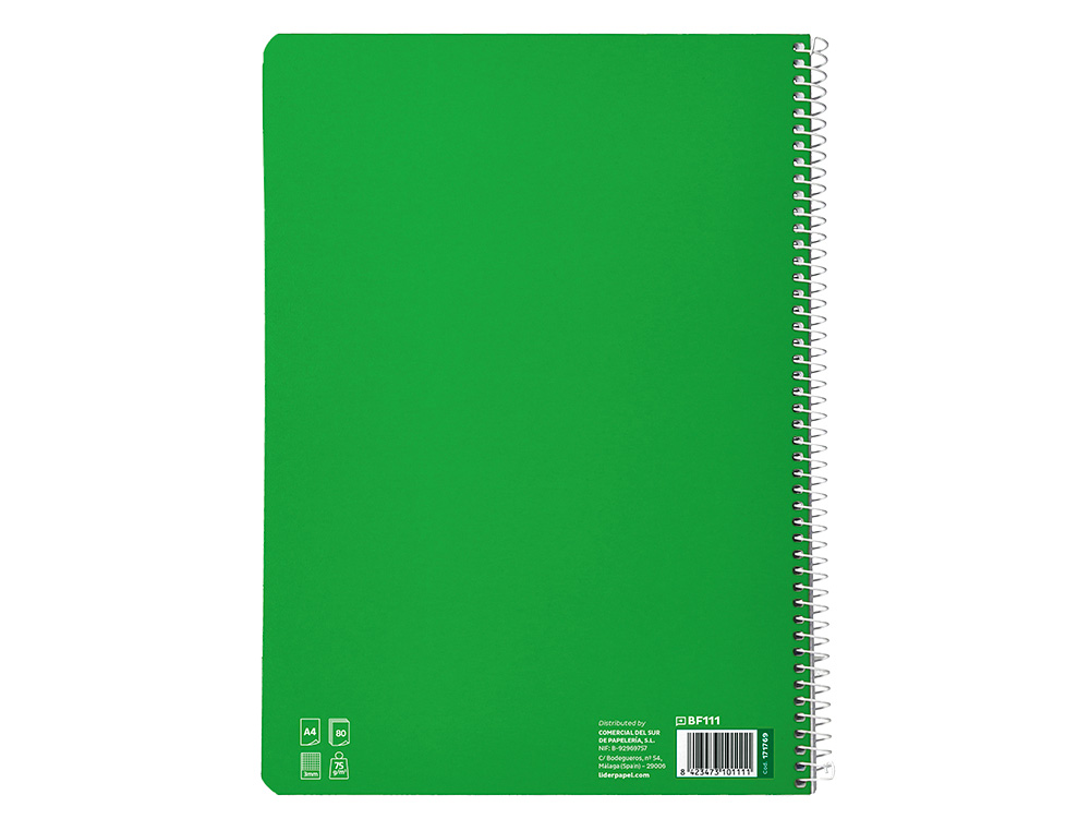 CUADERNO ESPIRAL LIDERPAPEL A4 PAUTAGUIA TAPA BLANDA 80H 75GR CUADRO PAUTADO 3MM COLOR VERDE
