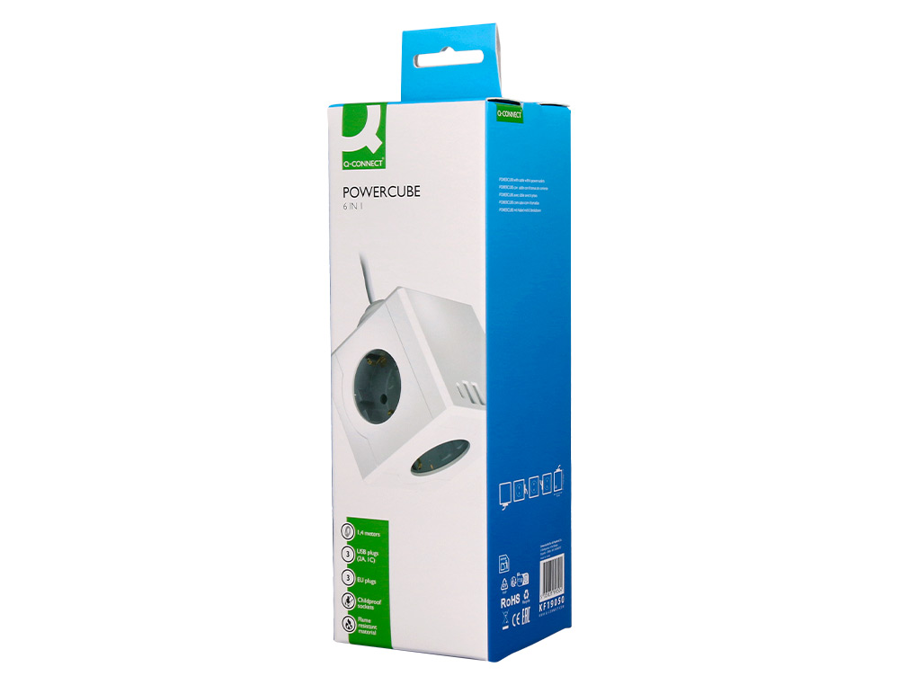 REGLETA Q-CONNECT DE CUBO ENCHUFE MULTIPLE POWER CUBE 6 EN 1 CABLE DE 1,4MT 3 TOMAS DE CORRIENTE+2 USB+1 USB C