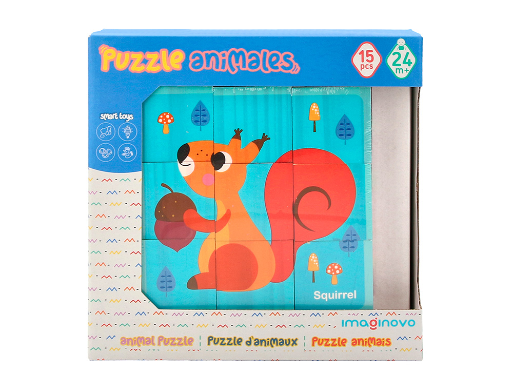 PUZLE INFANTIL IMAGINOVO MADERA CUBOS DE ANIMALES +24 MESES 15 PIEZAS INCLUYE 12 PATRONES 22X22X6,4CM