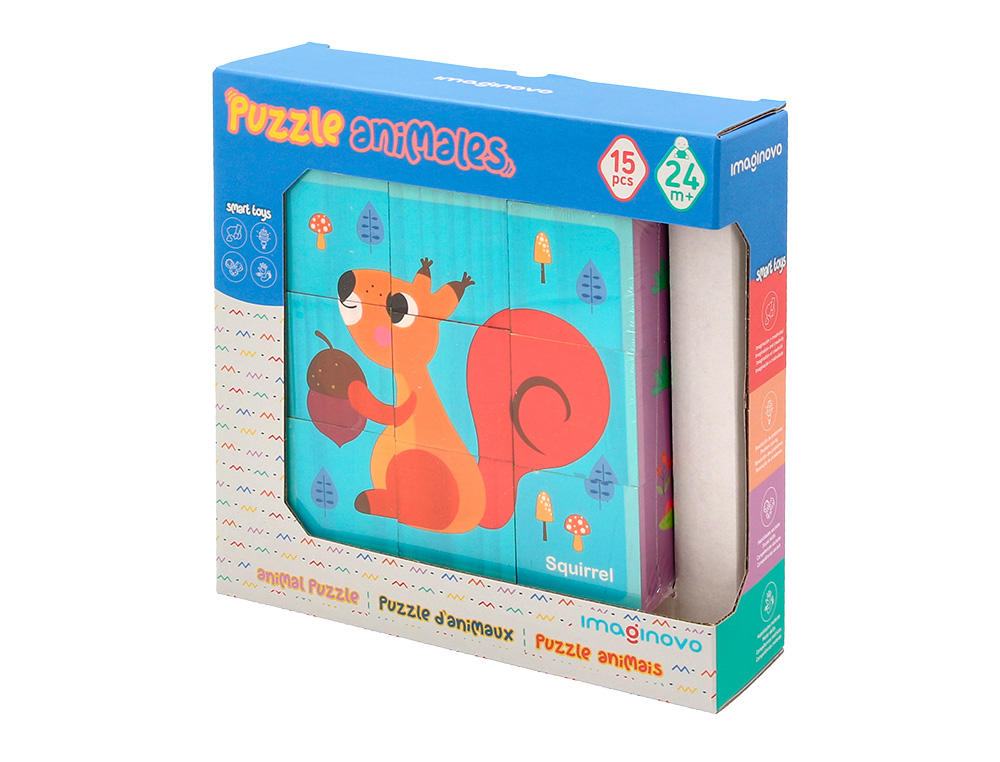 PUZLE INFANTIL IMAGINOVO MADERA CUBOS DE ANIMALES +24 MESES 15 PIEZAS INCLUYE 12 PATRONES 22X22X6,4CM