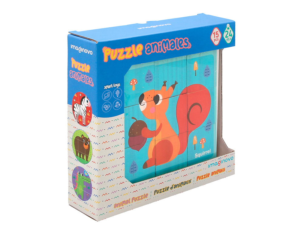 PUZLE INFANTIL IMAGINOVO MADERA CUBOS DE ANIMALES +24 MESES 15 PIEZAS INCLUYE 12 PATRONES 22X22X6,4CM