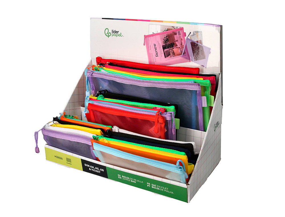 BOLSA ZIPPER BAG LIDERPAPEL POLIESTER TRANSPIRABLE MULTIUSOS EXPOSITOR DE 40 UNIDADES TAMAÑOS Y COLORES