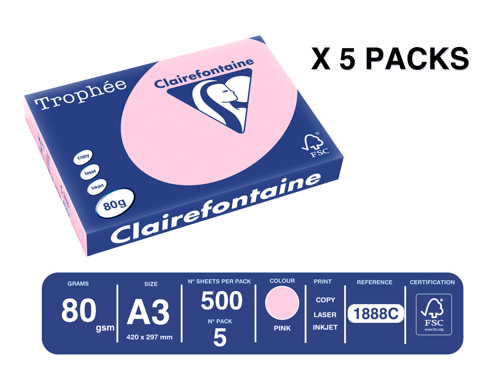 PAPEL COLOR TROPHEE A3 80GR ROSA PASTEL PAQUETE DE 500 HOJAS