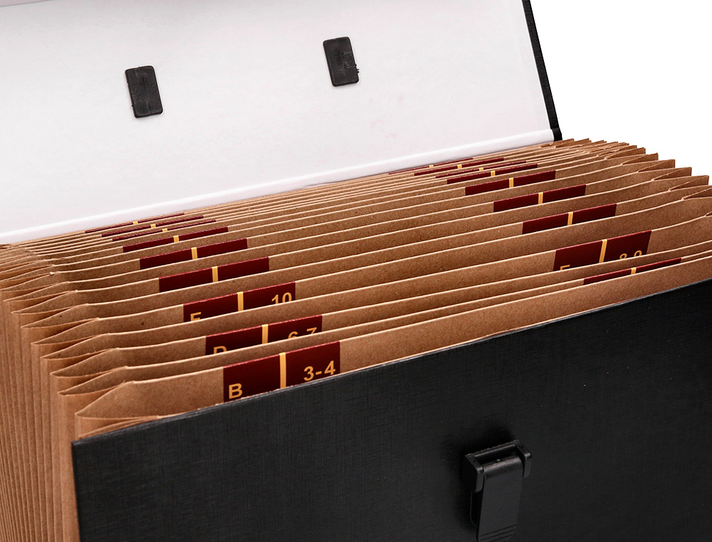 MALETIN LIDERPAPEL CON FUELLE Y ASA CARTON FORRADO 19 DEPARTAMENTOS 255X390X120 MM COLORES SURTIDOS