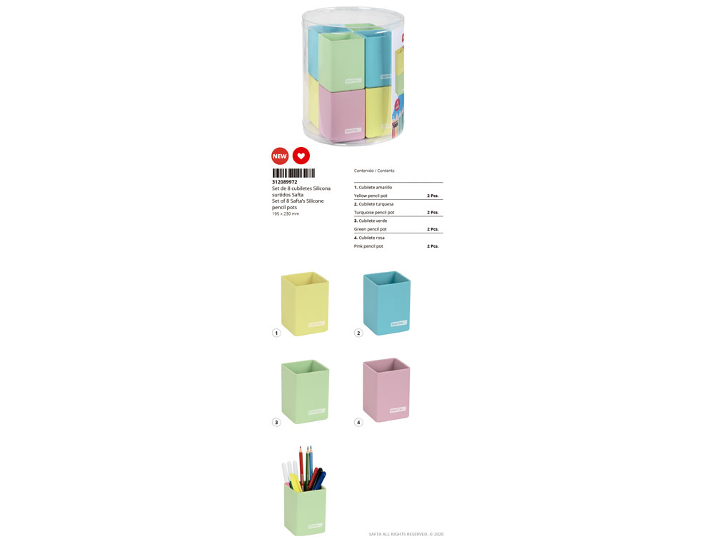 BOLSO ESCOLAR SAFTA PORTATODO CUADRADO SILICONA CUBILETE EXPOSITOR DE 8 UNIDADES 195X230 MM