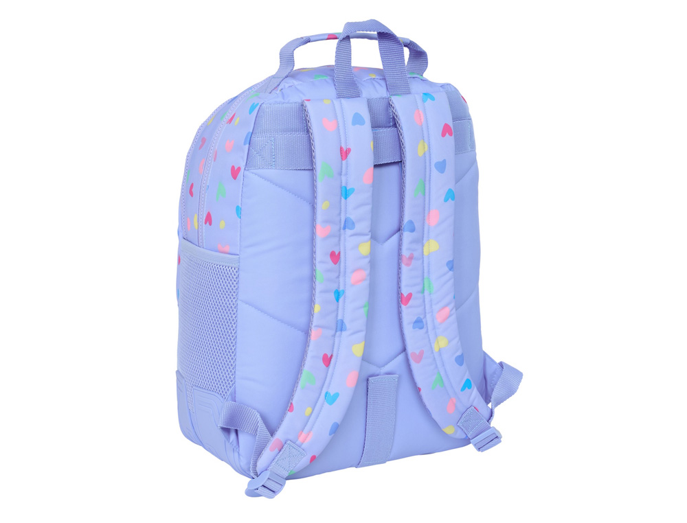 MOCHILA SAFTA DOBLE CON CANTONERAS ADAPTABLE A CARRO BENETTON LILA 420X320X150 MM