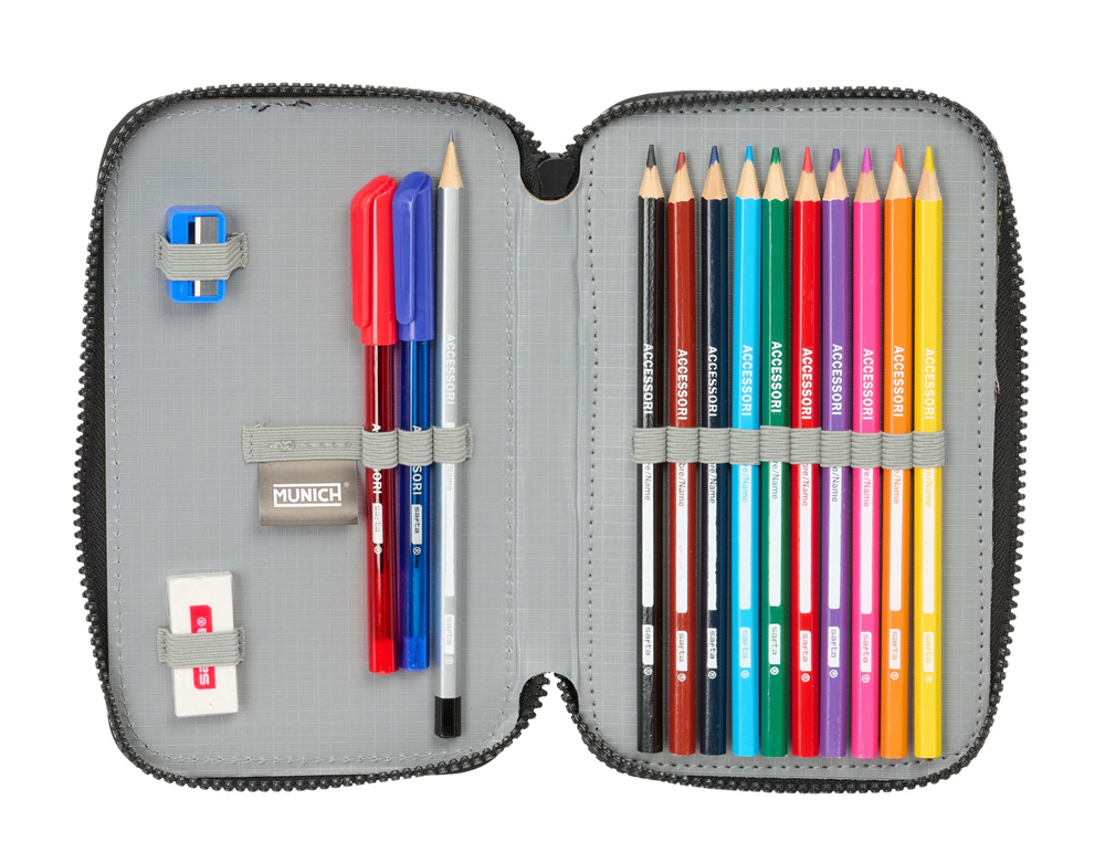 PLUMIER ESCOLAR SAFTA DOBLE PEQUEÑO 29 PIEZAS MUNICH TOPO 195X125X40 MM