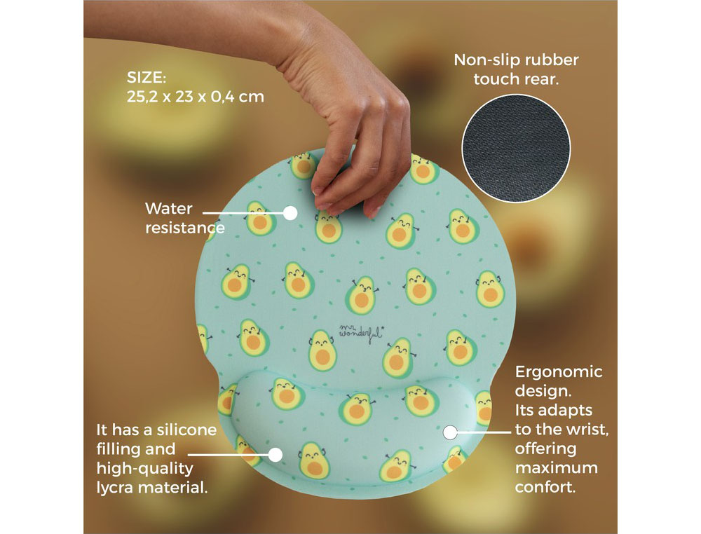 ALFOMBRILLA DE RATON MR WONDERFUL DE GEL ERGONOMICA AGUACATES 250X230 MM