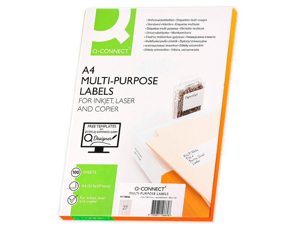 ETIQUETA ADHESIVA Q-CONNECT KF10642 TAMAO 70X30 MM FOTOCOPIADORA LASER INK-JET CAJA CON 100 HOJAS DIN A4