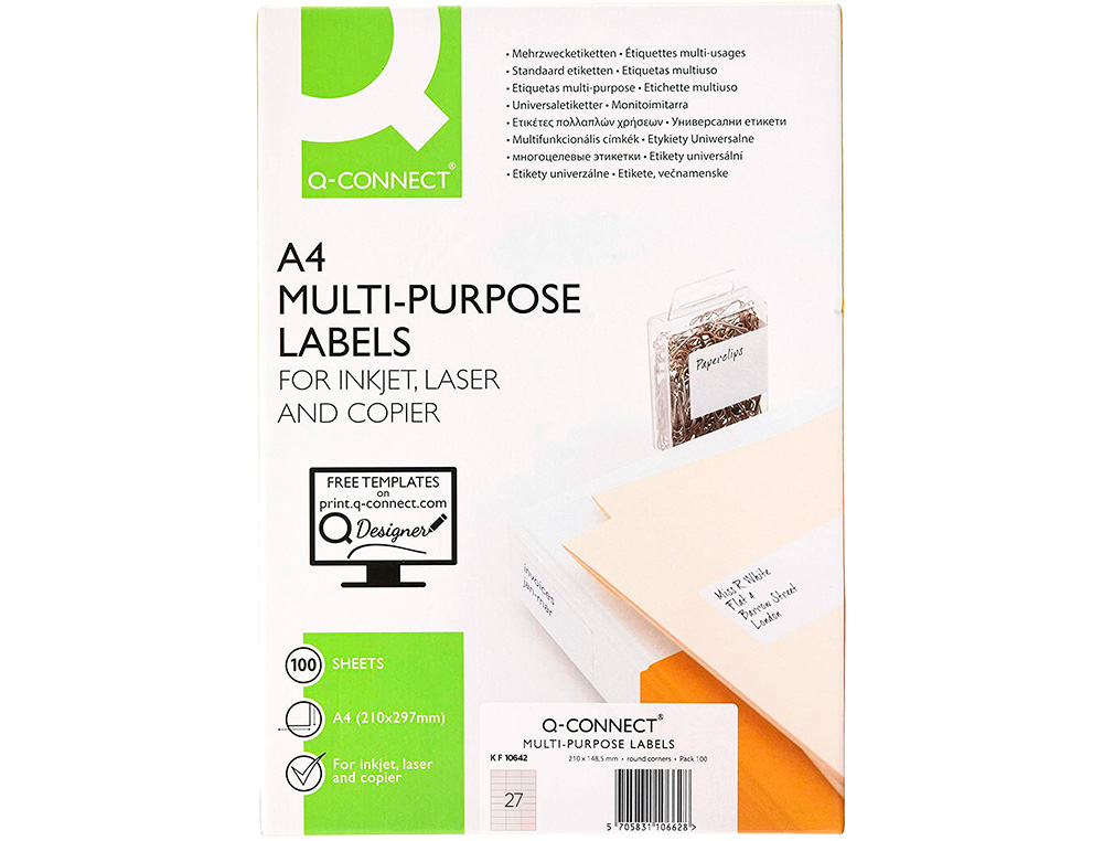 ETIQUETA ADHESIVA Q-CONNECT KF10642 TAMAO 70X30 MM FOTOCOPIADORA LASER INK-JET CAJA CON 100 HOJAS DIN A4