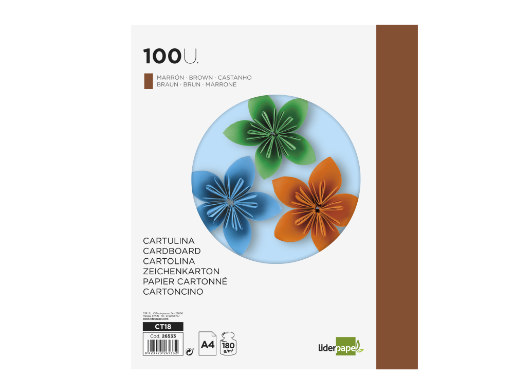 CARTULINA LIDERPAPEL A4 180G/M2 MARRON PAQUETE DE 100 HOJAS