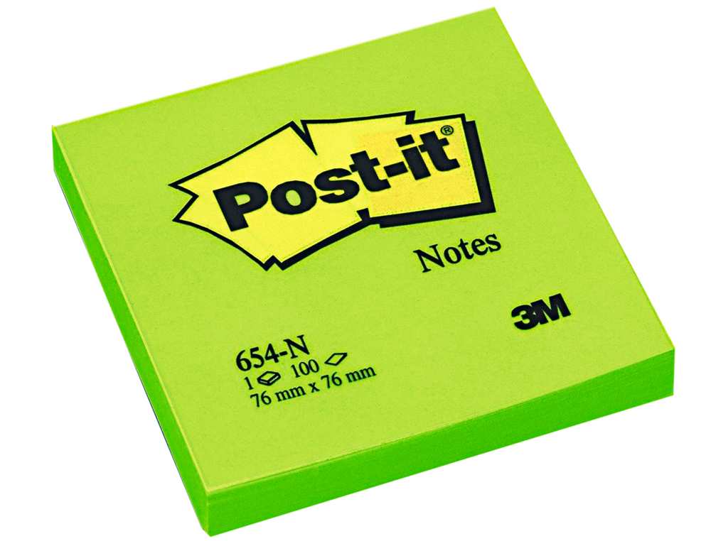BLOC DE NOTAS ADHESIVAS QUITA Y PON POST-IT 76X76 MM VERDE NEON CON 100 HOJAS