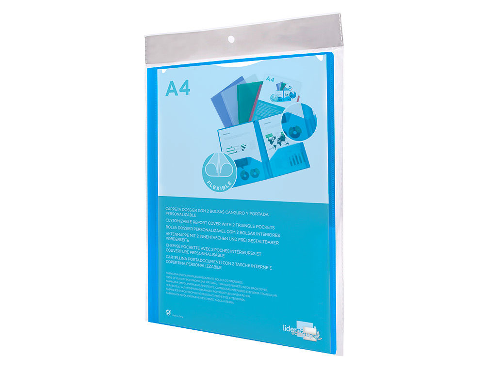CARPETA LIDERPAPEL DOSSIER DOS BOLSAS CANGURO 45682 POLIPROPILENO DIN A4 AZUL