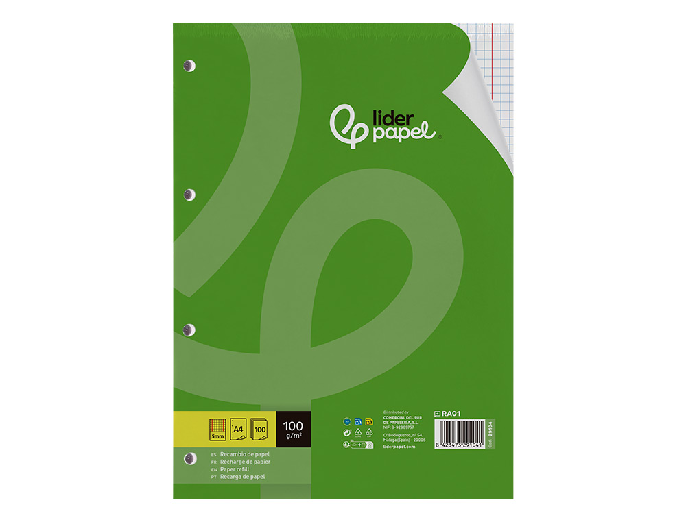 RECAMBIO LIDERPAPEL A4 100 HOJAS 100GR CUADRO 5MM CON DOBLE MARGEN 4 TALADROS
