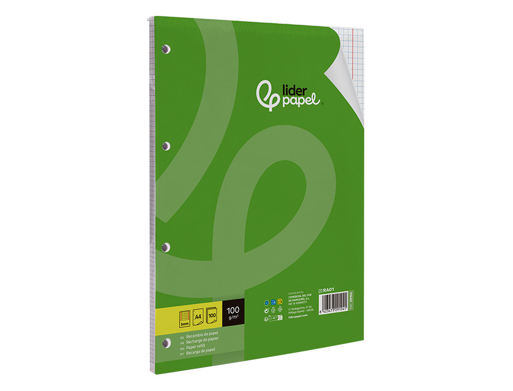 RECAMBIO LIDERPAPEL A4 100 HOJAS 100GR CUADRO 5MM CON DOBLE MARGEN 4 TALADROS
