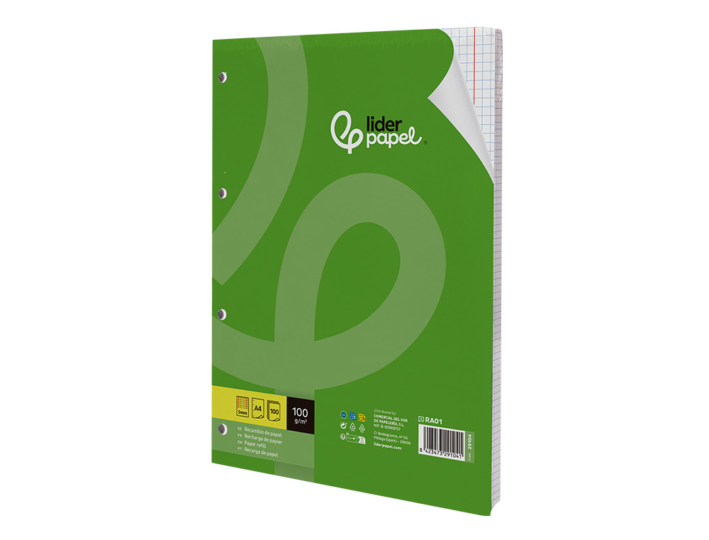RECAMBIO LIDERPAPEL A4 100 HOJAS 100GR CUADRO 5MM CON DOBLE MARGEN 4 TALADROS