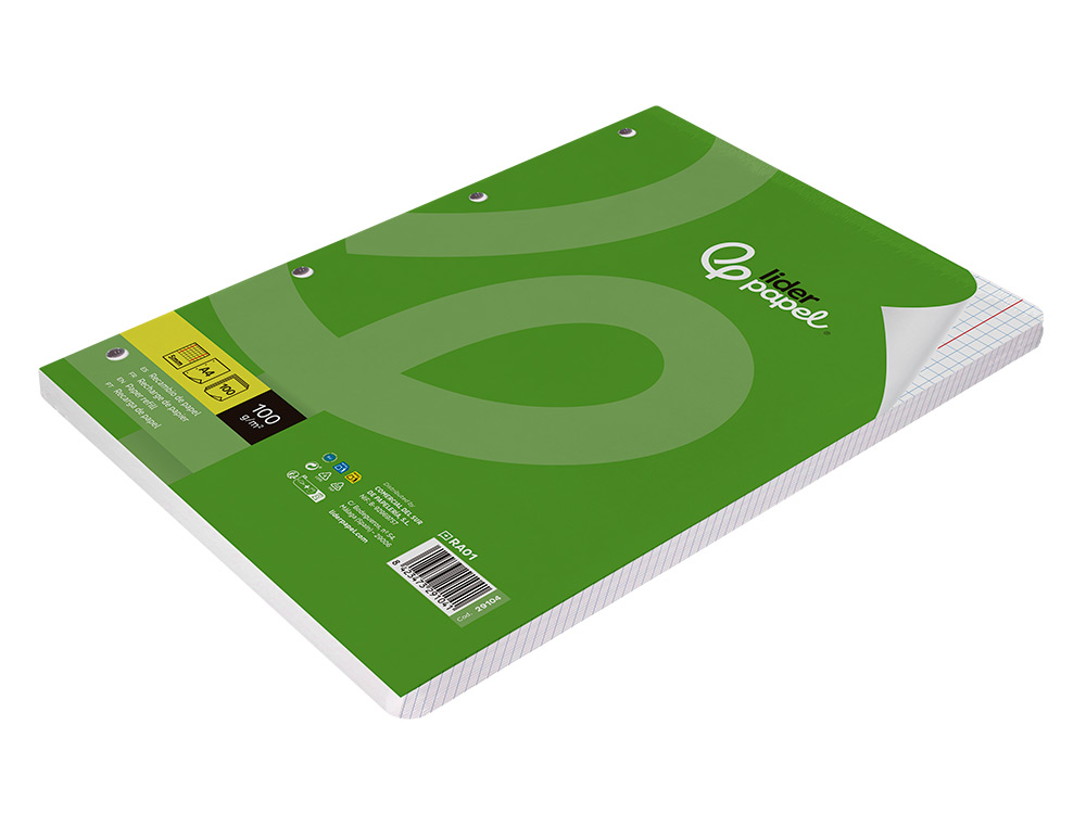 RECAMBIO LIDERPAPEL A4 100 HOJAS 100GR CUADRO 5MM CON DOBLE MARGEN 4 TALADROS