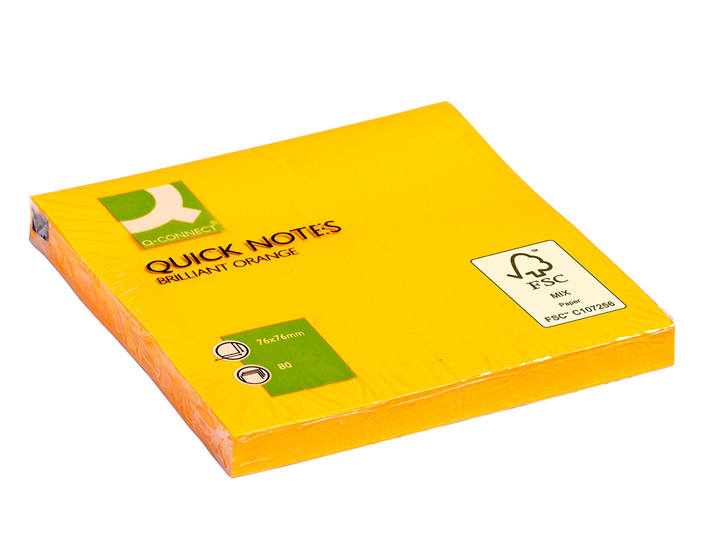 BLOC DE NOTAS ADHESIVAS QUITA Y PON Q-CONNECT 76X76 MM NARANJA NEON 80 HOJAS