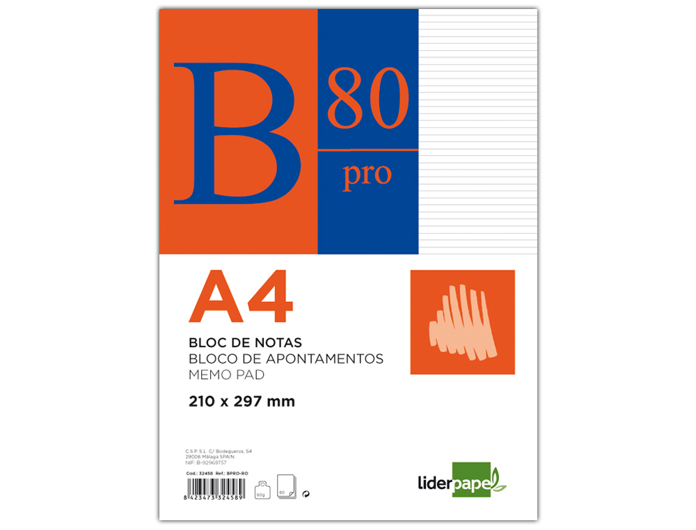 BLOC NOTAS LIDERPAPEL HORIZONTAL A4 80 HOJAS 60G/M2 ENCOLADO 4 TALADROS DOBLE MARGEN AZUL