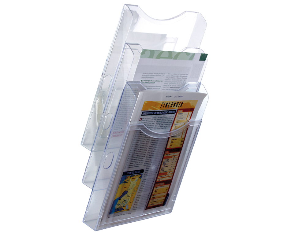 EXPOSITOR MURAL ARCHIVO 2000 DE PARED 3 BANDEJAS DIN A4 TRANSPARENTE 105X235X445 MM SEPARADORES MOVILES AJUSTABLES