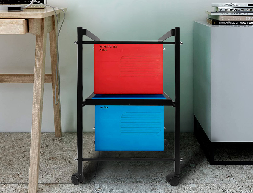 CARRITO Q-CONNECT PARA CARPETAS COLGANTES FOLIO CON RUEDAS Y BANDEJA INFERIOR EXTRAIBLE COLOR NEGRO