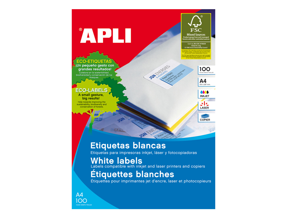 ETIQUETA ADHESIVA APLI 1285 TAMAO 48,5X25,4 MM PARA FOTOCOPIADORA LASER INK-JET CAJA CON 100 HOJAS DIN A4