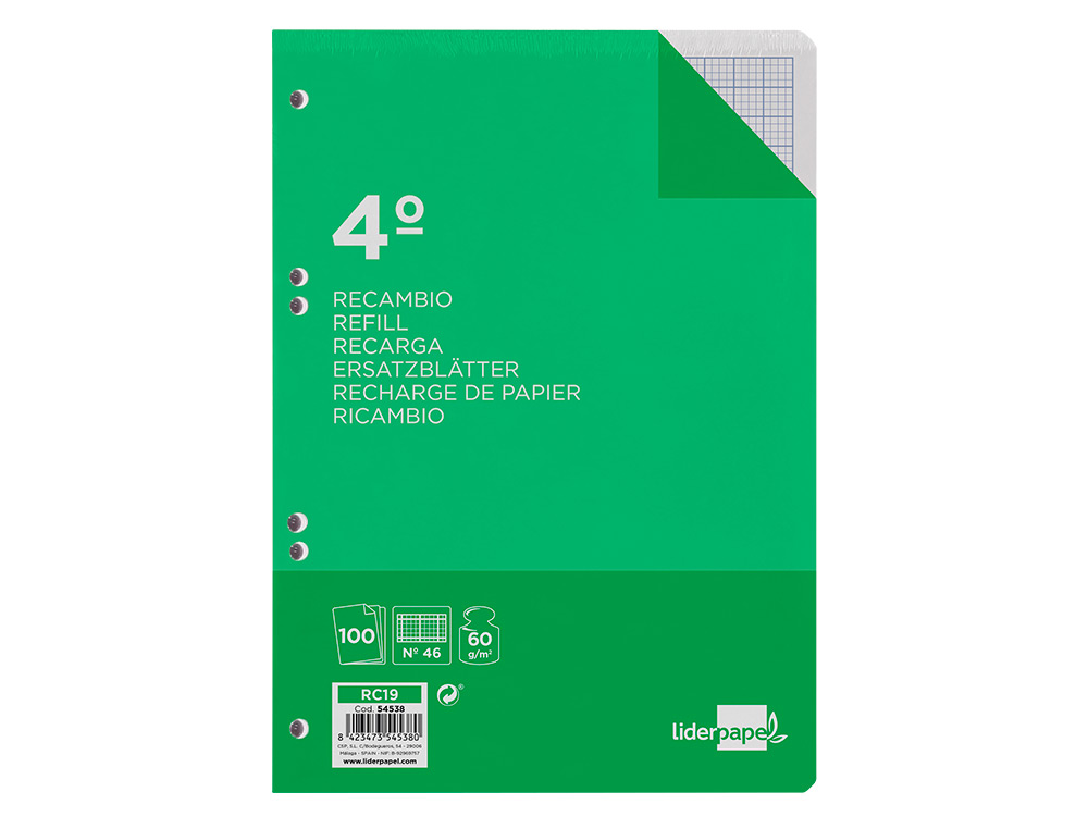 RECAMBIO LIDERPAPEL CUARTO 100 HOJAS 60GR RAYADO N 46 6 TALADROS