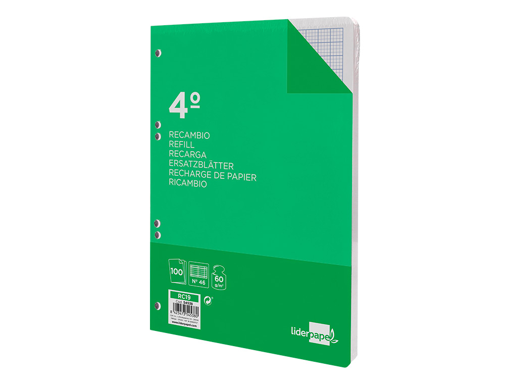 RECAMBIO LIDERPAPEL CUARTO 100 HOJAS 60GR RAYADO N 46 6 TALADROS