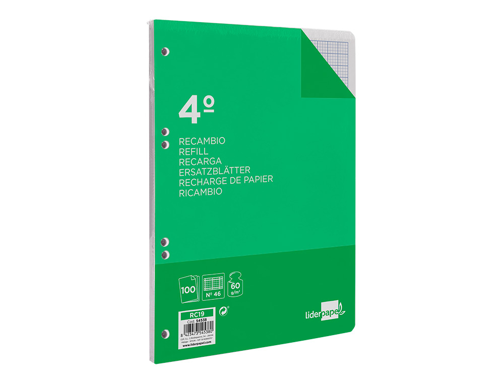 RECAMBIO LIDERPAPEL CUARTO 100 HOJAS 60GR RAYADO N 46 6 TALADROS