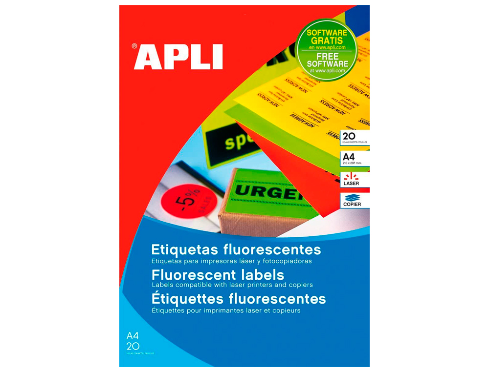 ETIQUETA ADHESIVA APLI 02878 TAMAÑO 210X297 MM PARA LASER FOTOCOPIADORA INK-JET CAJA CON 20 HOJAS DIN A4 AMARILLO