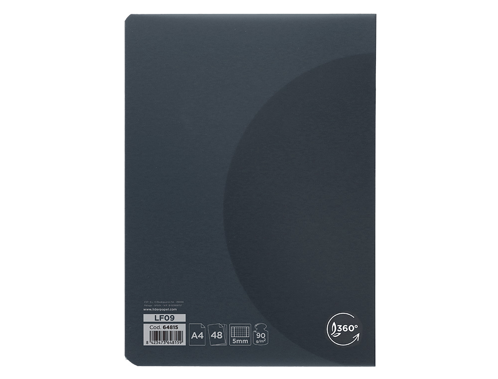 LIBRETA LIDERPAPEL 360 TAPA DE PLASTICO A4 48 HOJAS 90GR 5MM CON DOBLE MARGEN TAPA NEGRA