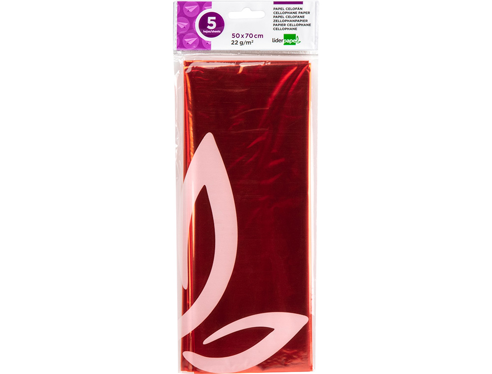 PAPEL CELOFAN LIDERPAPEL 50X70 CM 22G/M2 BOLSA DE 5 HOJAS NARANJA