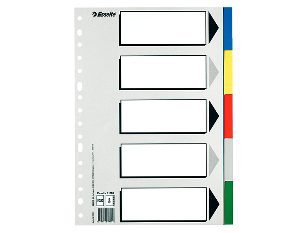 SEPARADOR ESSELTE PLASTICO JUEGO DE 5 SEPARADORES DIN A4 CON 5 COLORES MULTITALADRO