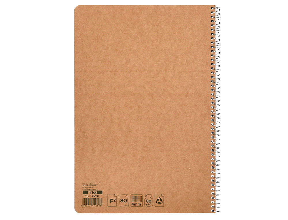 CUADERNO ESPIRAL LIDERPAPEL DIN A4 ECOUSE TAPA CARTULINA KRAFT 80H PAPEL RECICLADO 80 GR CUADRO 4MM CON MARGEN