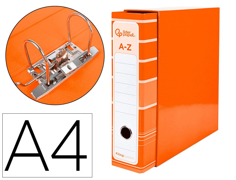 ARCHIVADOR DE PALANCA LIDERPAP EL A4 FILING SYSTEM FORRADO SIN RADO LOMO 80MM NARANJA CON CAJA Y COMPRESOR METALICO