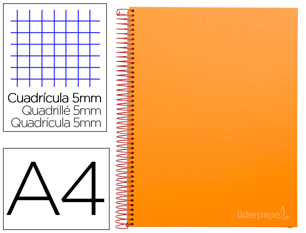 CUADERNO ESPIRAL LIDERPAPEL A4 MICRO JOLLY TAPA FORRADA 140H 75 GR CUADRO 5MM 5 BANDAS4 TALADROS COLOR NARANJA