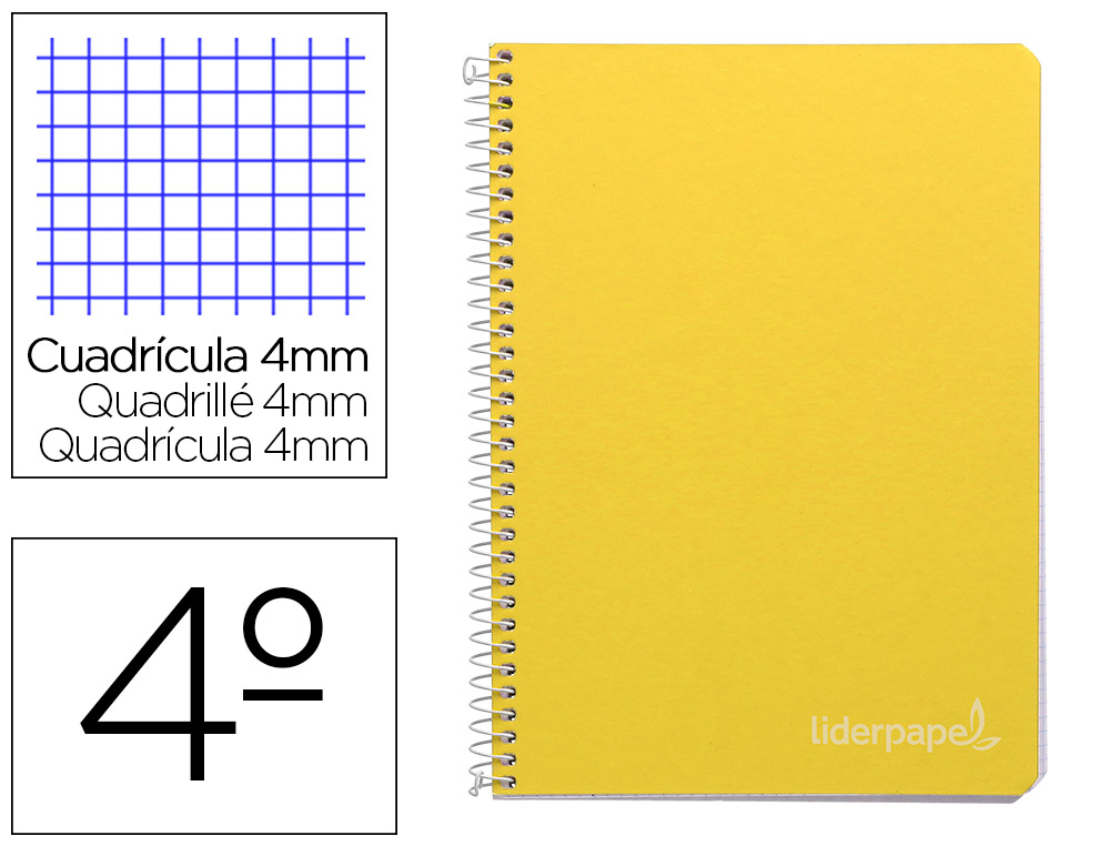 CUADERNO ESPIRAL LIDERPAPEL CUARTO WITTY TAPA DURA 80H 75GR CUADRO 4MM CON MARGEN COLOR AMARILLO