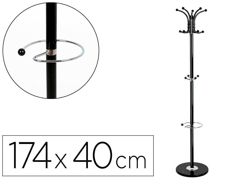 PERCHERO METALICO Q-CONNECT NEGRO DE PIE 10 COLGADORES Y PARAGUERO 174X40 CM