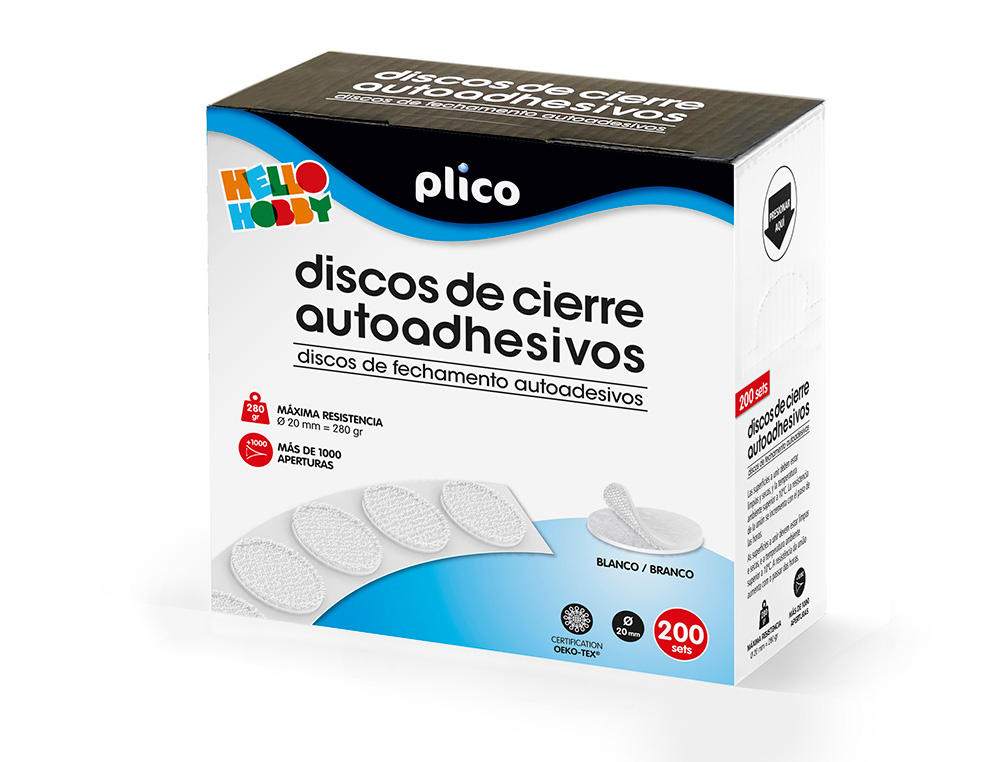 DISCO DE CIERRE PLICO VELCRO AUTOADHESIVO 20 MM DIAMETRO COLOR BLANCO CAJA DE 200 UNIDADES