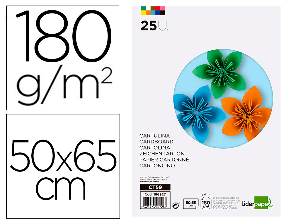 CARTULINA LIDERPAPEL 50X65 CM 180G/M2 25 COLORES SURTIDOS PAQUETE DE 25 HOJAS